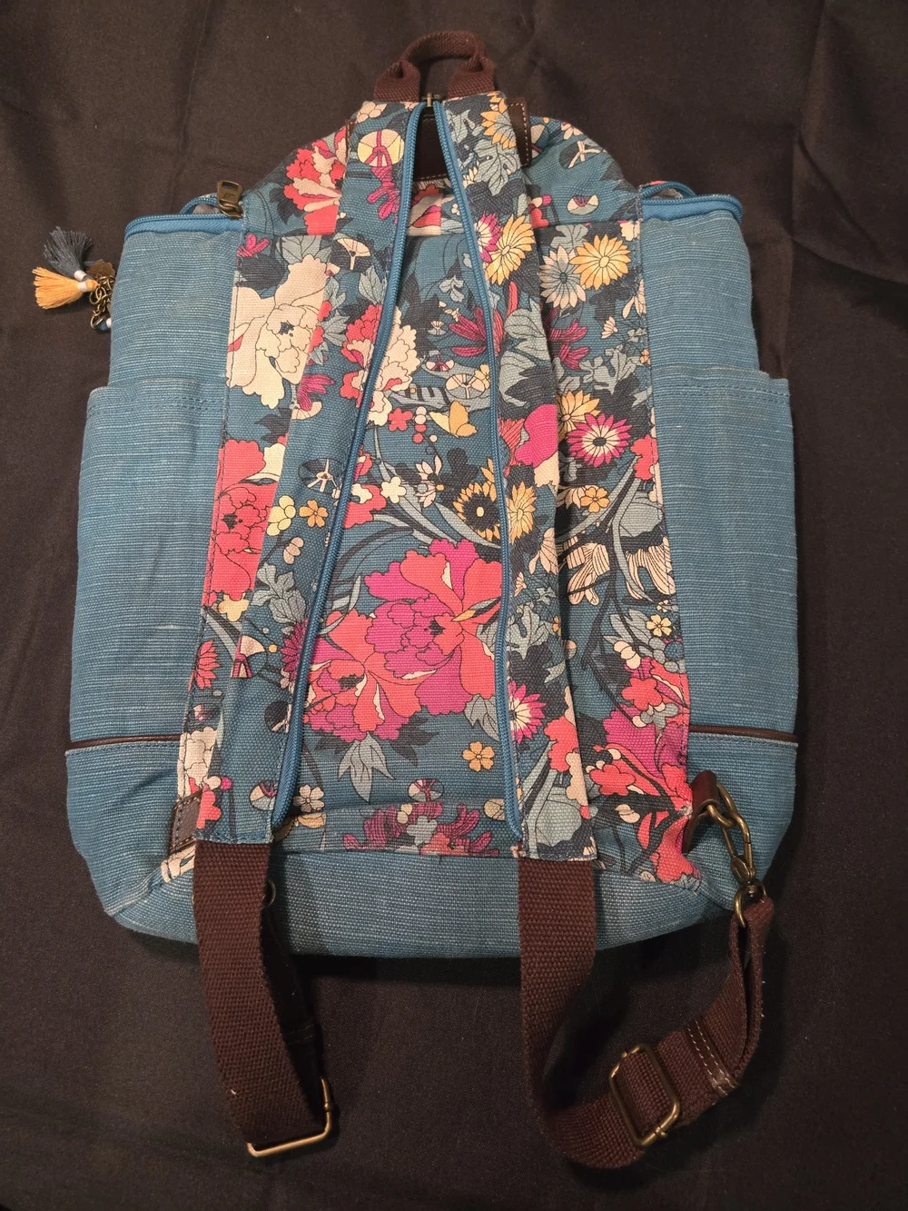 Sakroots Teal Floral Canvas Backpack with Multicolor Bloom Print